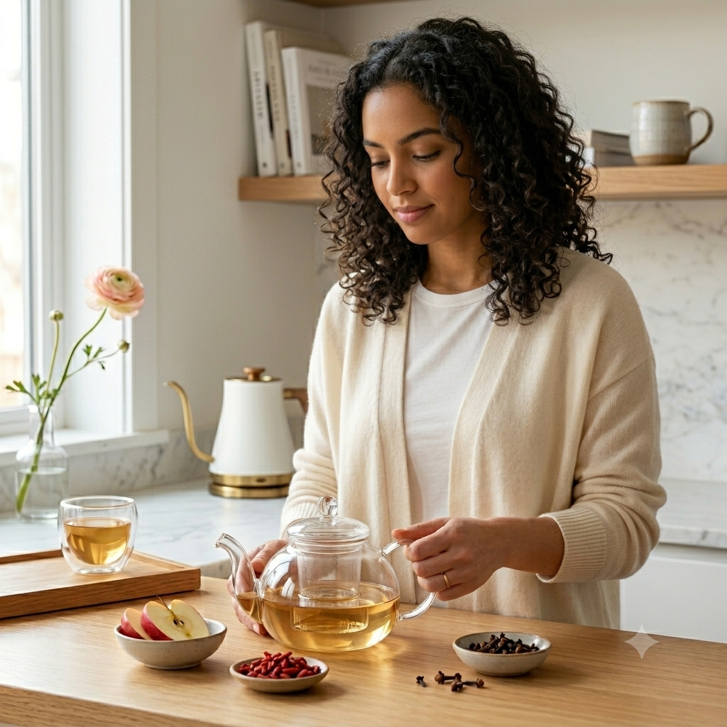 Img 3 : Théière verre design épuré — rituel thé femme bien-être

