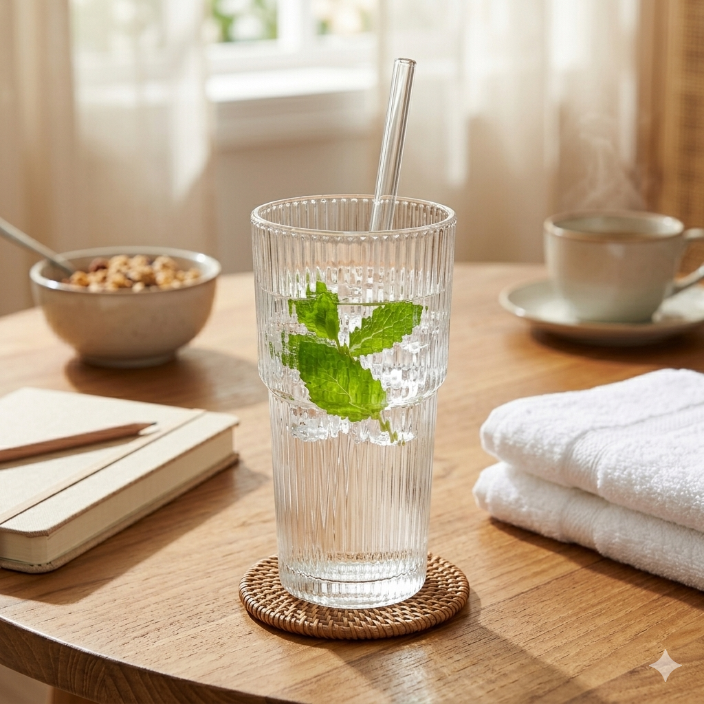 Img 2 : Gobelet verre design rayures — eau détox et infusions slow living
