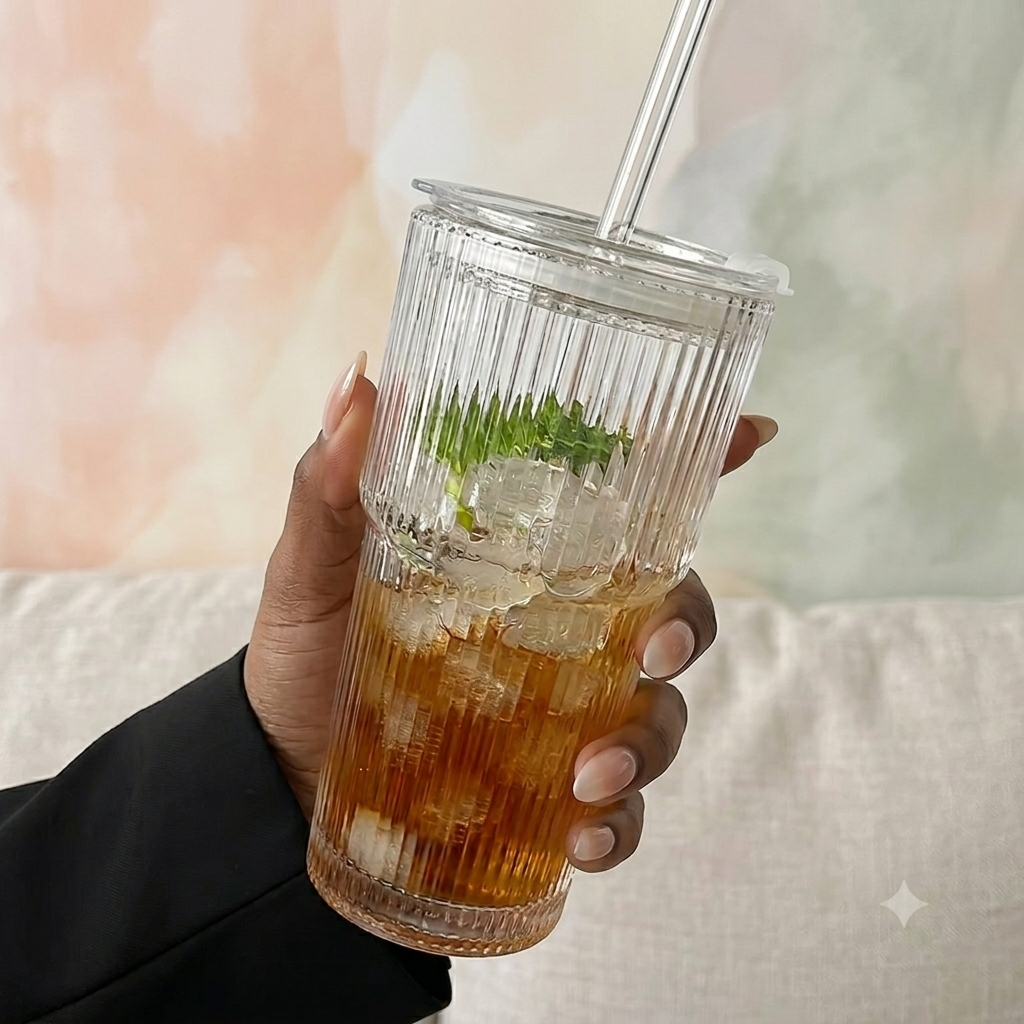 Img 4 : Verre rayures 600ml posé — accessoire hydratation quotidienne
