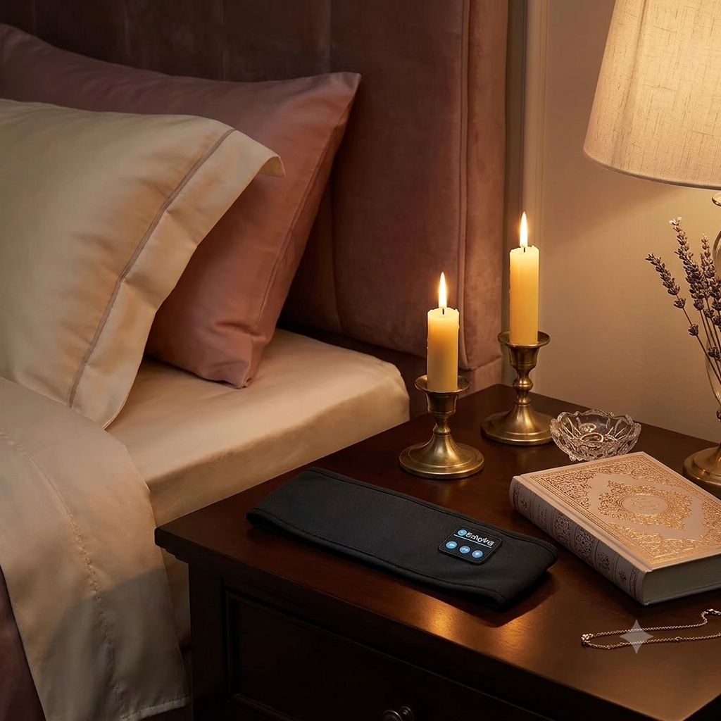 Img 4 : Masque sommeil Bluetooth posé — solution insomnie et nuits agitées

