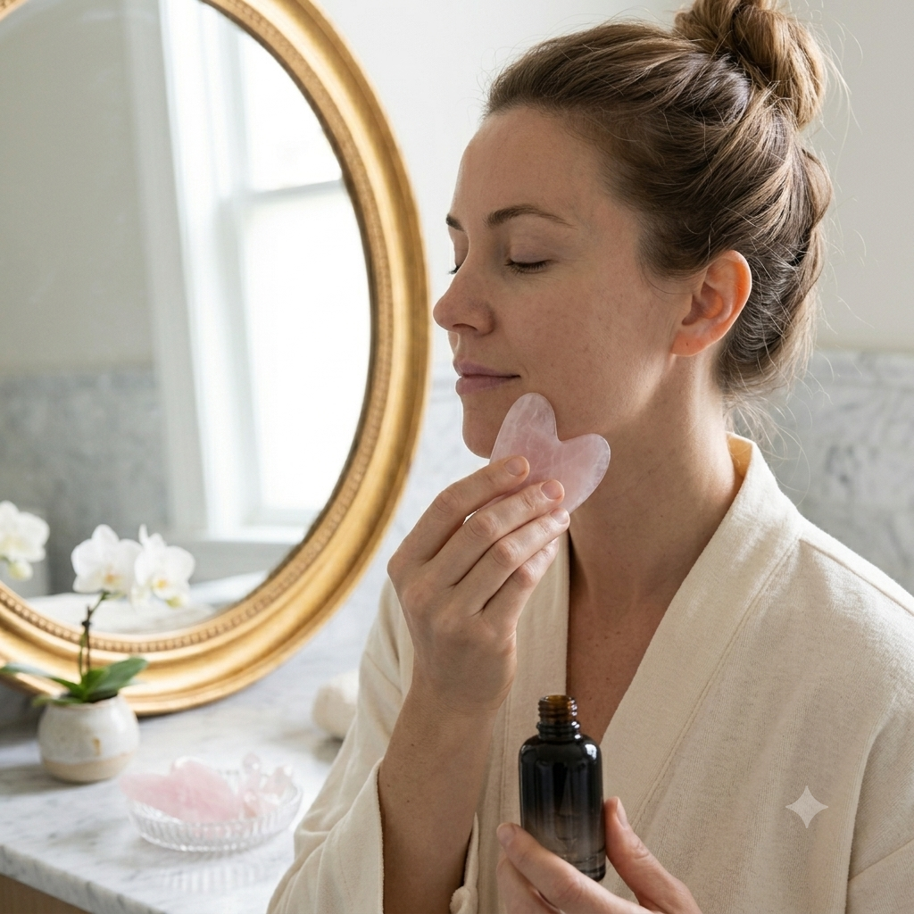 Img 3 : Utilisation gua sha quartz rose sur le visage — technique anti-âge naturelle
