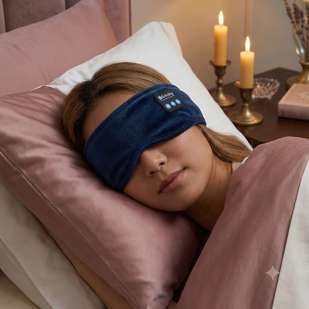 Img 3 : Femme portant masque sommeil Bluetooth — aide au sommeil périménopause
