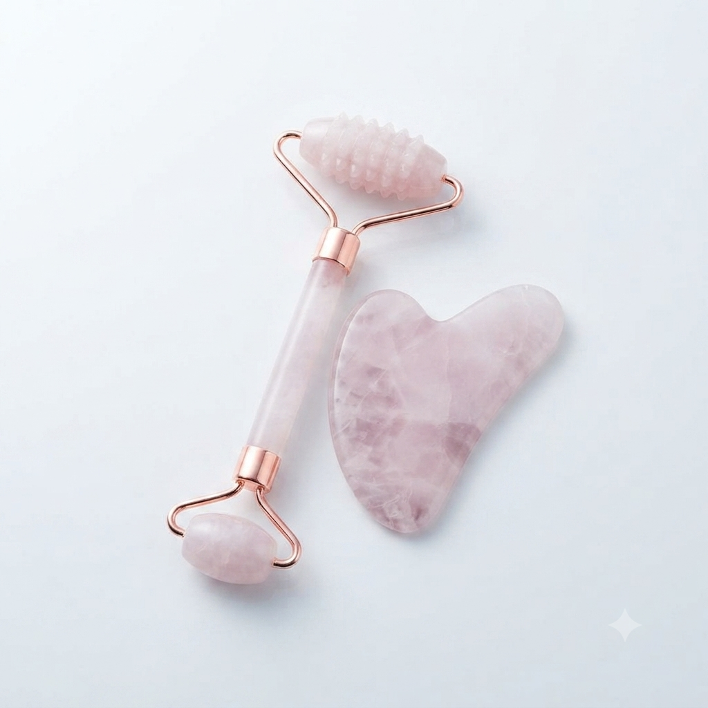 Img 1 : Set gua sha quartz rose et rouleau jade Ritual Glow — drainage lymphatique visage Essor Wellness