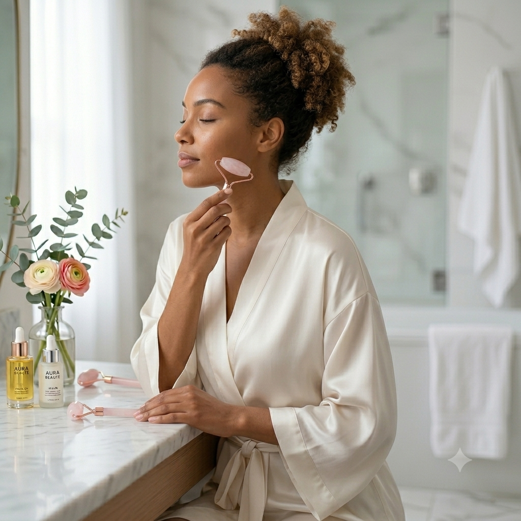 Img 2 : Gua sha et rouleau jade pour rituel anti-âge naturel — soin visage femme 35+
