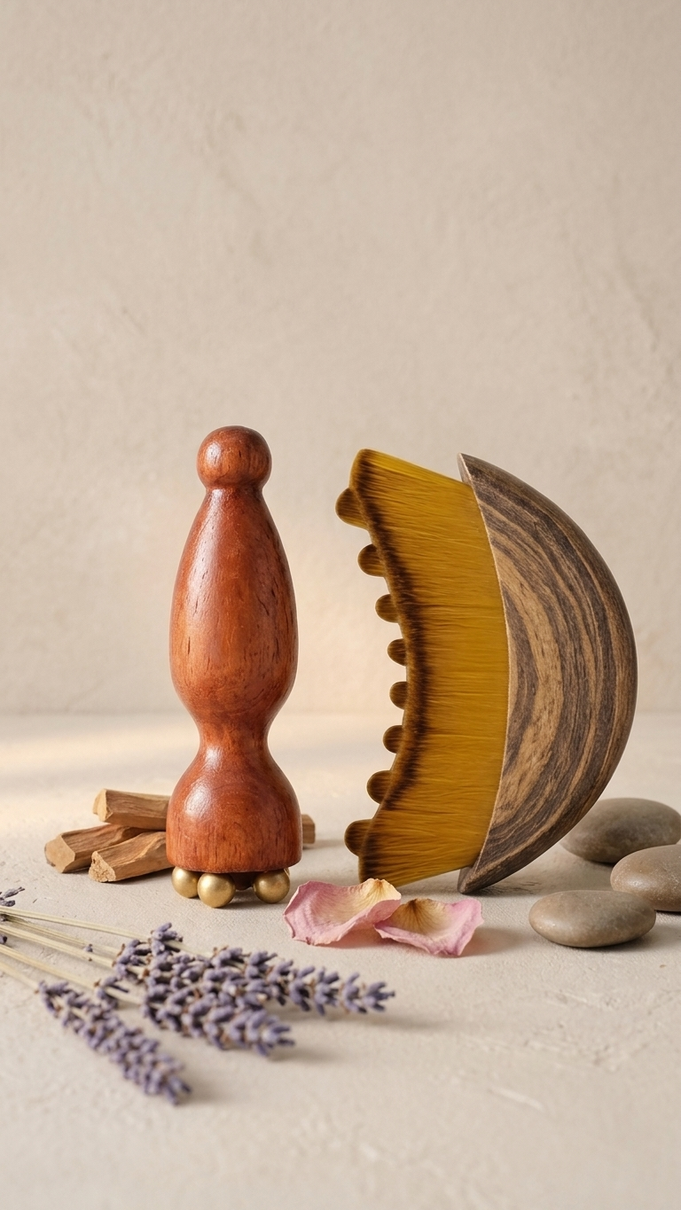 Bâton de Massage Lymphatique Visage — Laiton & Bois de Santal, Rituel Contour