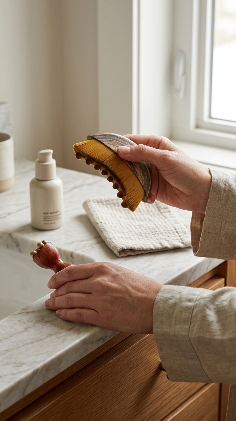 Bâton de Massage Lymphatique Visage — Laiton & Bois de Santal, Rituel Contour