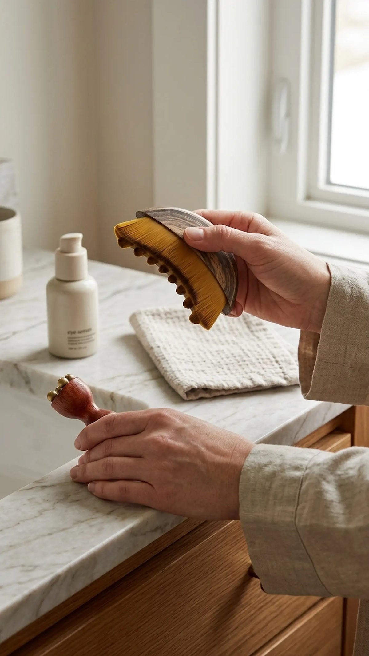 Bâton de Massage Lymphatique Visage : Laiton & Bois de Santal, Rituel Contour